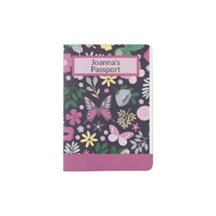 Modern Navy and Pink Floral Butterfly Garden Passport Holder