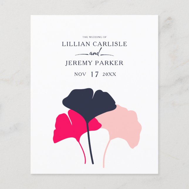 Modern Navy and Pink Ginkgo Leaves Wedding Program (Front)