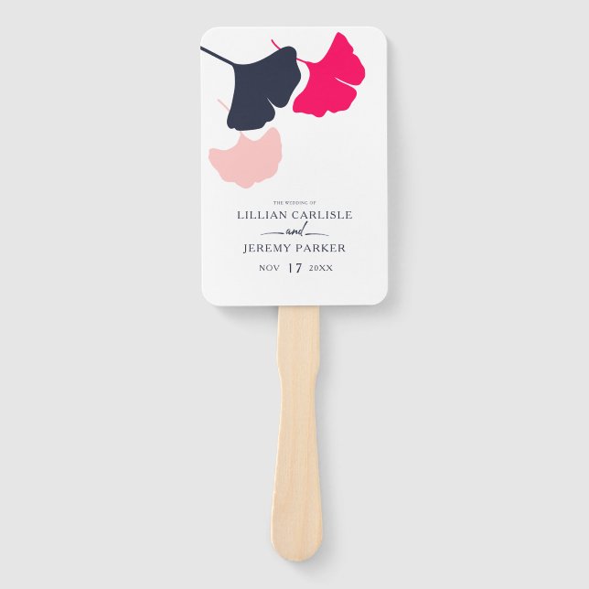 Modern Navy and Pink Ginkgo Leaves Wedding Program Hand Fan (Front)