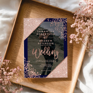 Modern Navy and Rose Gold Glitter Photo Wedding Invitation