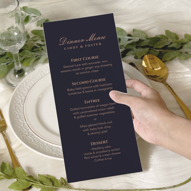 Modern Navy and Rose Gold Wedding Menu (Creator Uploaded)