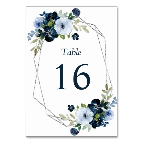 modern navy and silver frame wedding table number
