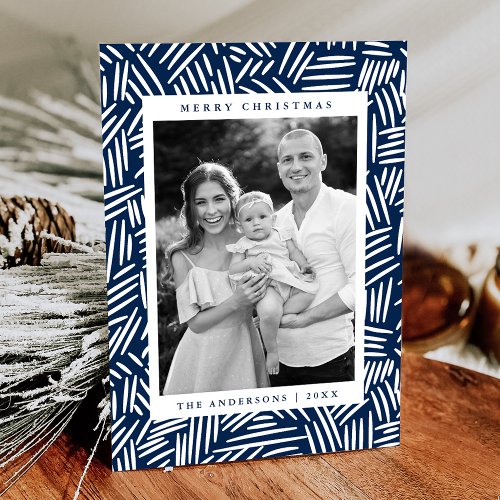 Modern Navy and White Dashed Photo Holiday Card