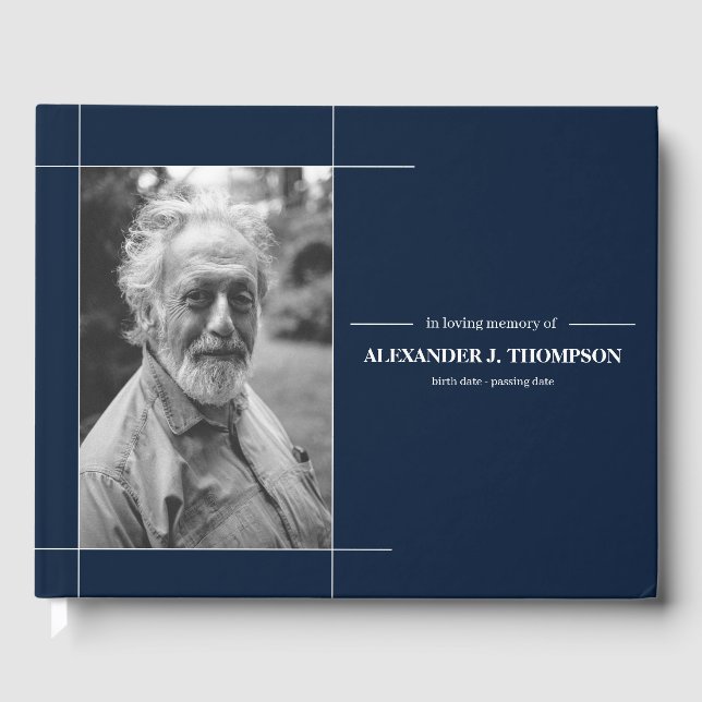 Modern Navy and White In Loving Memory Funeral Guest Book (Front)