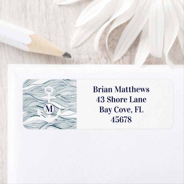 Modern Navy and White Nautical Monogram Address Label (Insitu)