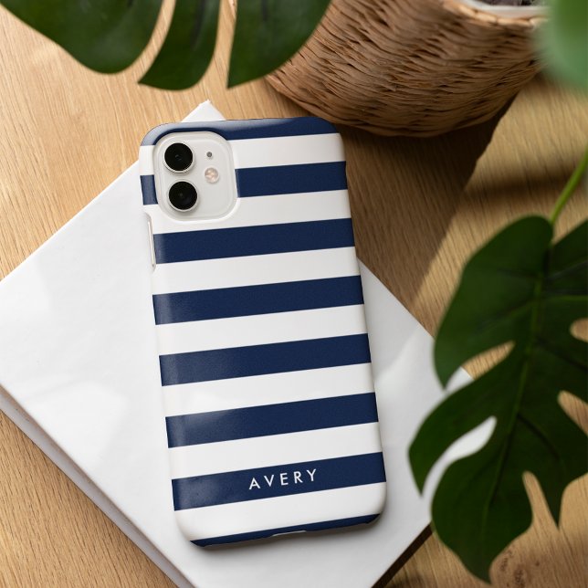 Modern Navy and White Stripe Personalized Case-Mate iPhone Case (Creator Uploaded)