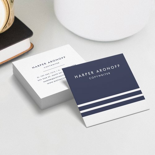 Modern Navy and White Stripe Square Business Card