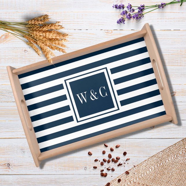 Modern Navy and White Striped Monogram Serving Tray (Creator Uploaded)
