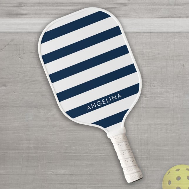 Modern Navy and White Striped Pattern Custom Name Pickleball Paddle (Creator Uploaded)