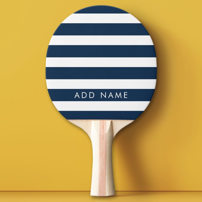 Modern Navy and White Striped Pattern Custom Name Ping Pong Paddle (Custom Ping Pong Paddle)