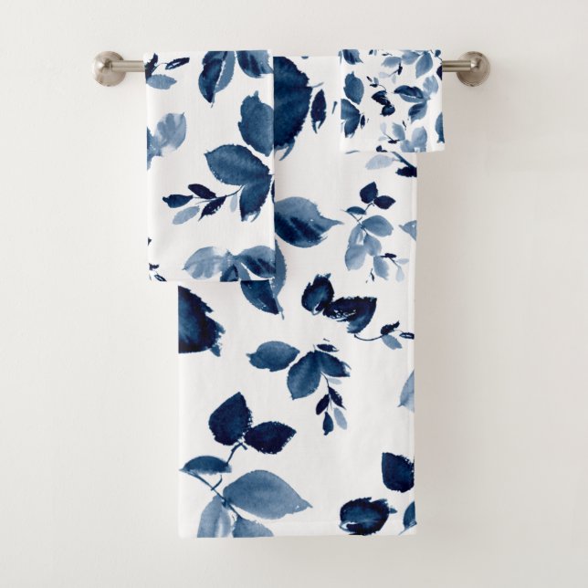Modern Navy and White Watercolor Botanical Bath Towel Set (Insitu)