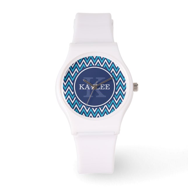 Modern Navy Aqua Blue Chevron & Monogram Watch (Front)