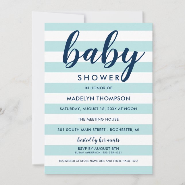 Modern Navy Aqua Stripe Script Baby Boy Shower Invitation (Front)