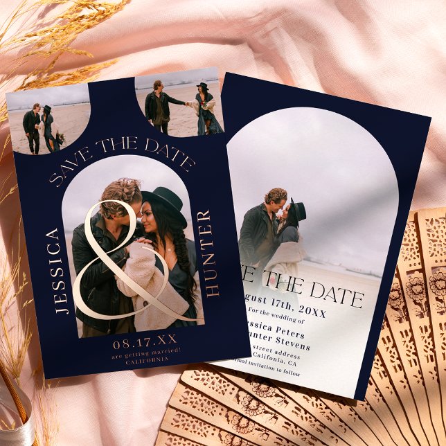 Modern navy arch 4 photos wedding save the date foil invitation (Creator Uploaded)