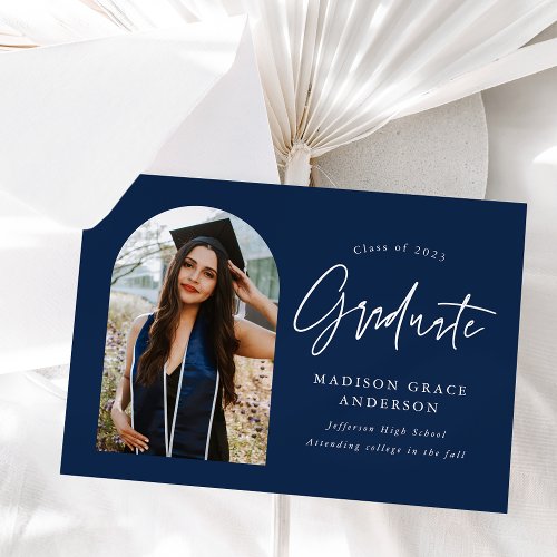 Modern Navy Arch Photo Graduation Announcement