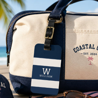 Modern Navy Beige Coastal Stripe Monogram Name Luggage Tag