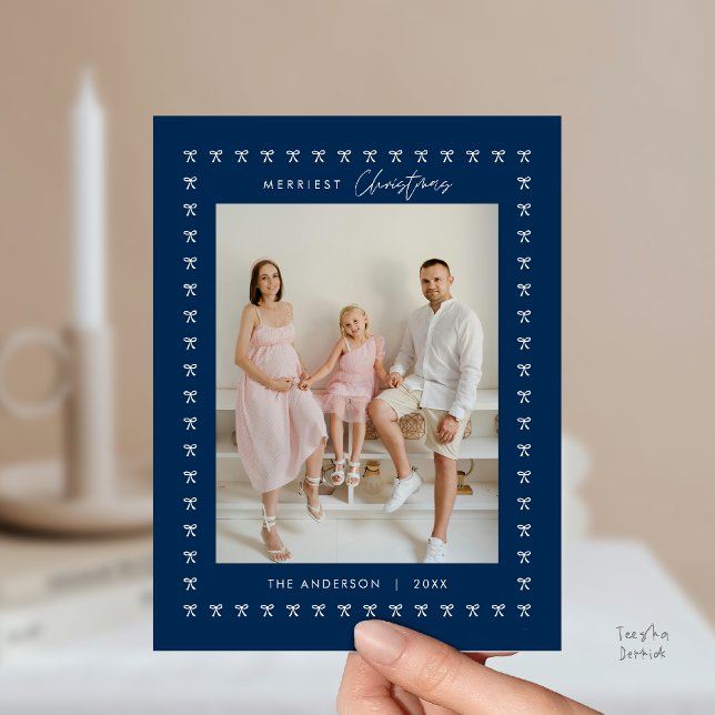 Modern Navy Blu Bow Pattern Family Photo Christmas Postcard (Modern Bow Pattern Family Photo Classy Elegant Christmas Postcard in Navy Blue Theme)