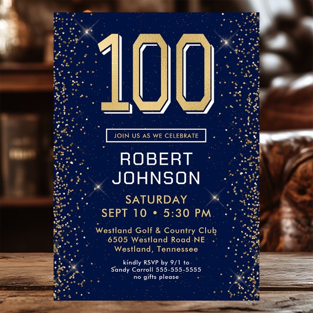 Modern Navy Blue 100th Birthday Photo Invitation (Creator Uploaded)