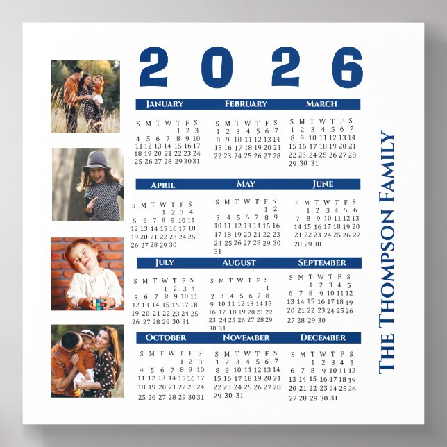 Modern Navy Blue 2026 Family Photo Calendar Acrylic Photo Tile (Front Set)