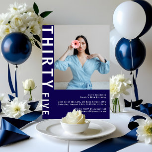 Modern Navy Blue 35th Birthday Photo Invitation