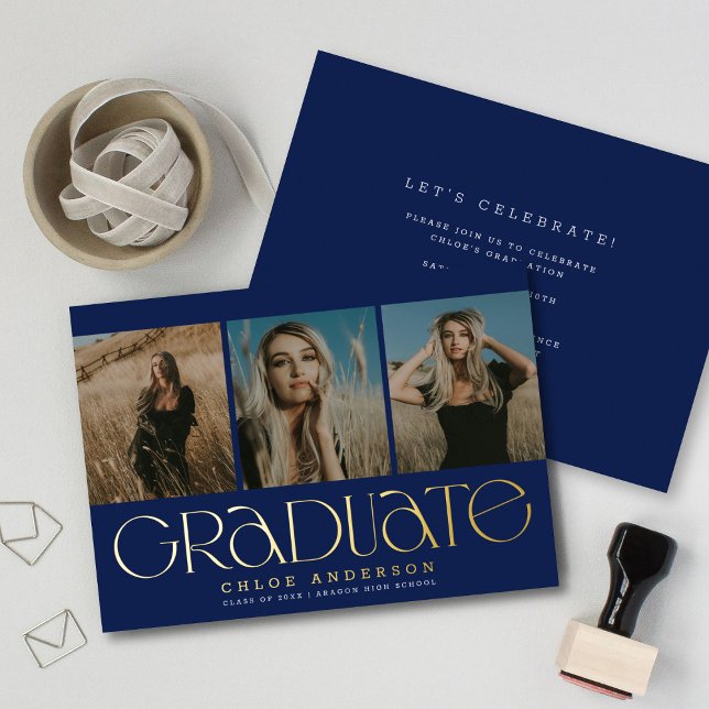 Modern Navy Blue 3 Photo Graduation Announcement  (Creator Uploaded)