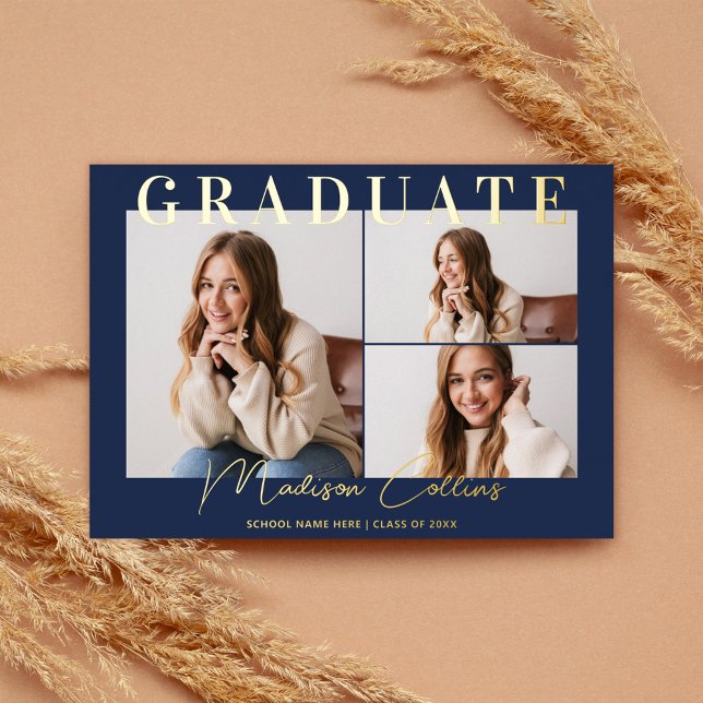 Modern Navy Blue 3 Photo Graduation Gold Foil Invitation (Creator Uploaded)