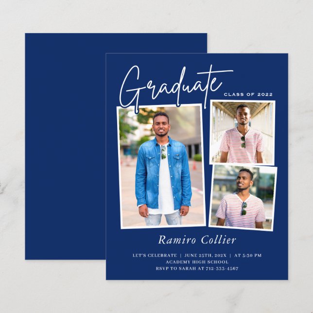 Modern Navy Blue 3 Photo Graduation Invitation (Front/Back)