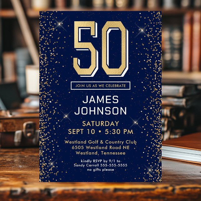 Modern Navy Blue 50th Birthday Photo Invitation (Creator Uploaded)