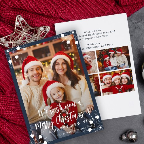 Modern navy blue 5 photo collage Merry Christmas Holiday Card
