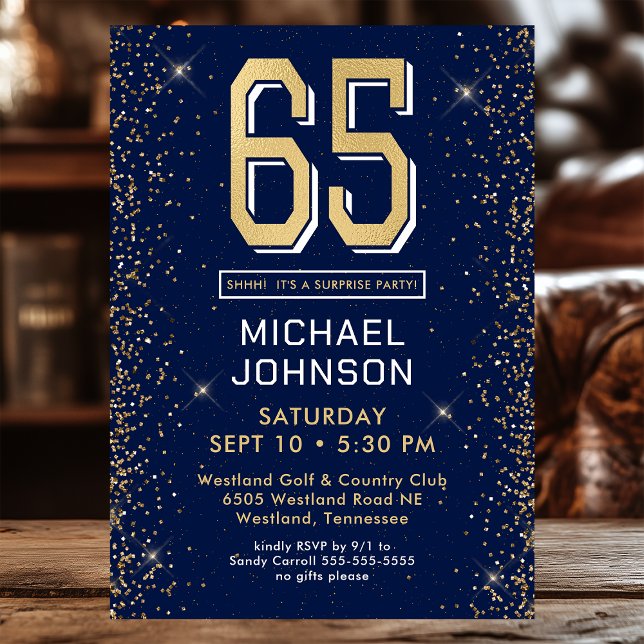 Modern Navy Blue 65th Birthday Surprise Party Invitation (Creator Uploaded)