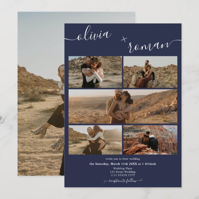Modern navy blue 6 photos grid collage wedding invitation (Front/Back)