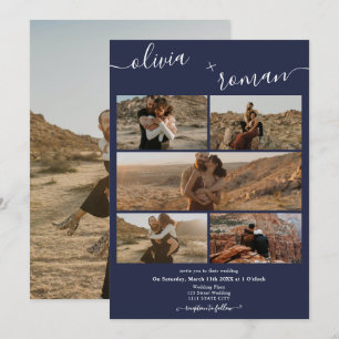 Modern navy blue 6 photos grid collage wedding invitation