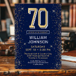 Modern Navy Blue 70th Birthday  Invitation<br><div class="desc">This fabulous navy blue and gold men's 70th birthday party invitation featuring the number 70 in gold with modern fonts and gold glitter sides would be perfect for asking people to join you as you celebrate the man in your life's 70th birthday. It is traditional and classic while being fresh,...</div>
