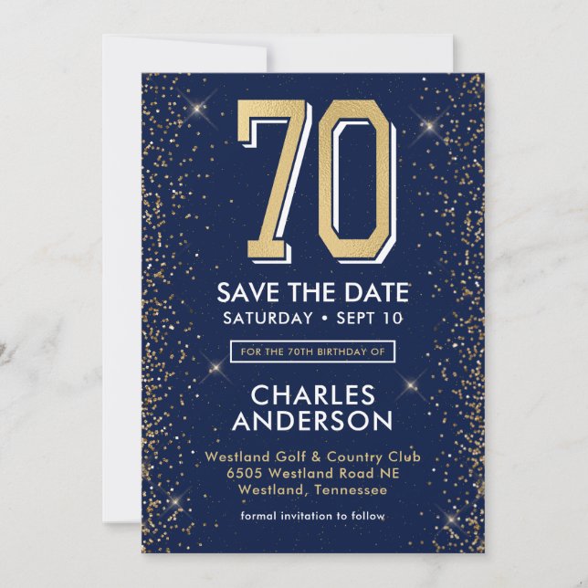 Modern Navy Blue 70th Birthday  Save The Date (Front)