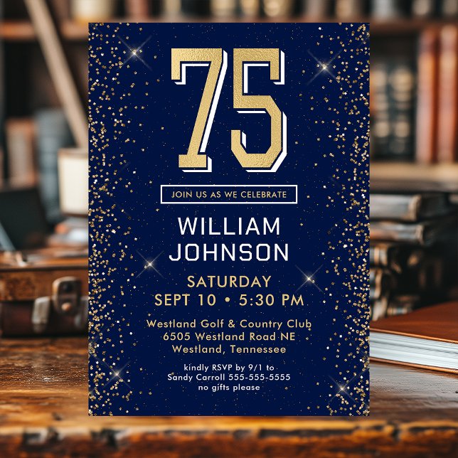 Modern Navy Blue 75th Birthday  Invitation (Creator Uploaded)