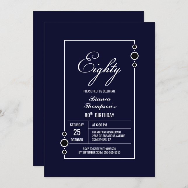 Modern Navy Blue 80th Birthday Party Invitation (Front/Back)