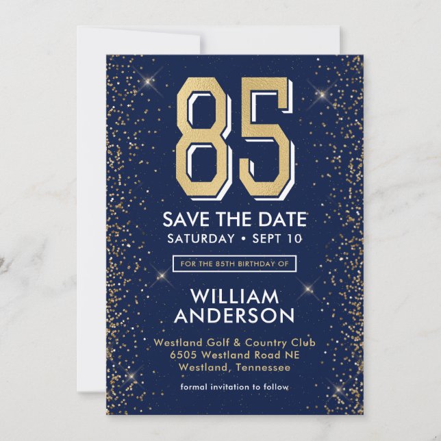 Modern Navy Blue 85th Birthday  Save The Date (Front)
