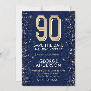 Modern Navy Blue 90th Birthday Save The Date