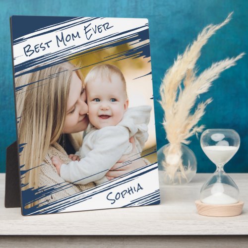 Modern Navy Blue Add Your Photo Cool Best Mom Ever Plaque