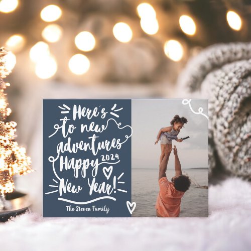 Modern navy blue adventure New Year photo  Holiday Card