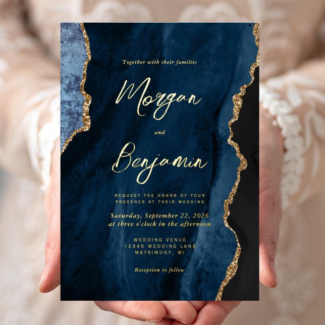 Modern Navy Blue Agate Chic Gold Script Wedding Foil Invitation (Creator Uploaded)