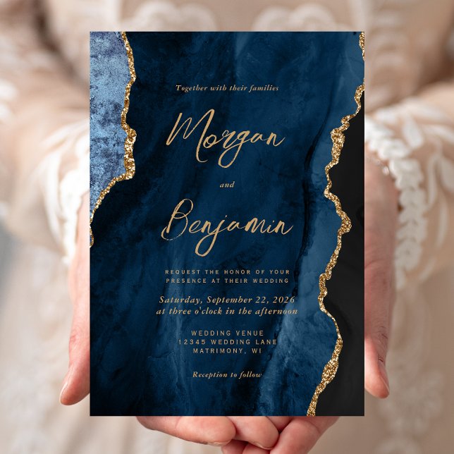 Modern Navy Blue Agate Chic Script Wedding Invitation (Creator Uploaded)