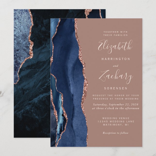 Modern Navy Blue Agate Dusty Rose Gold Wedding Invitation (Front/Back)
