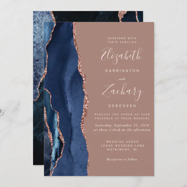 Modern Navy Blue Agate Dusty Rose Gold Wedding Invitation | Zazzle