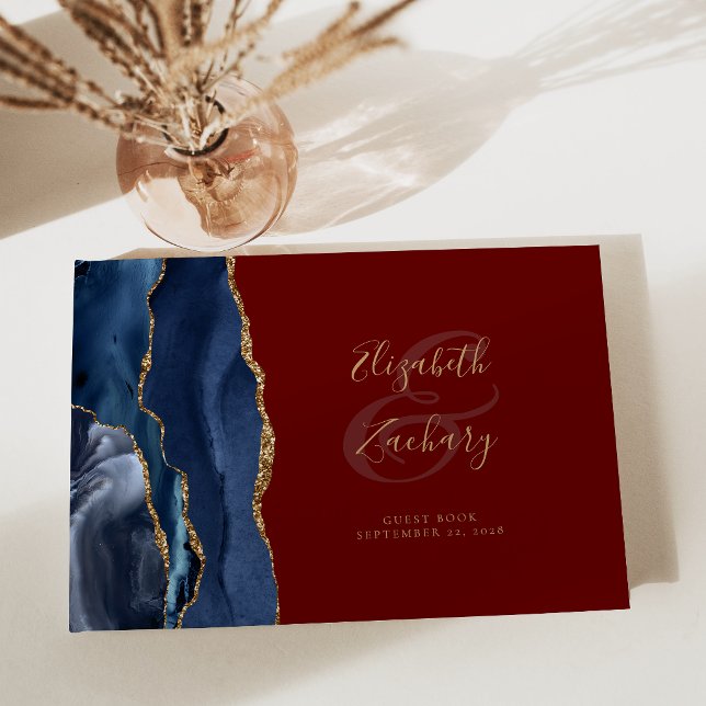 Modern Navy Blue Agate Gold Script Burgundy Guest Book (Creator Uploaded)