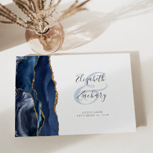 Modern Navy Blue Agate Gold Script Guest Book
