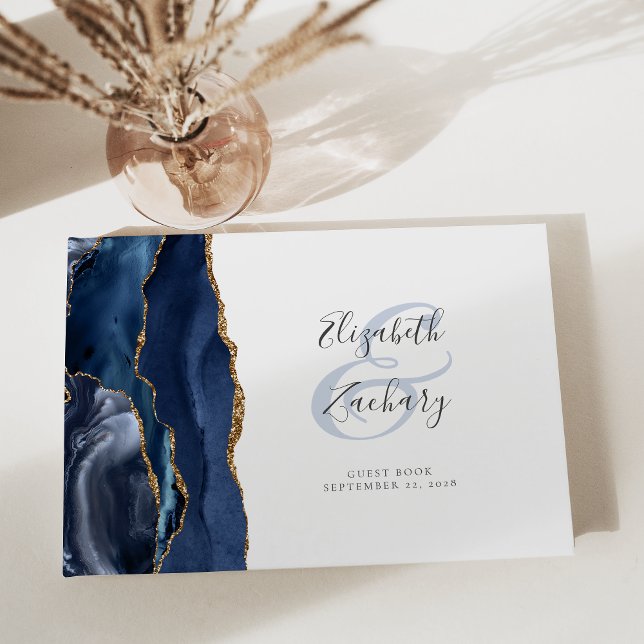 Modern Navy Blue Agate Gold Script Guest Book (Creator Uploaded)