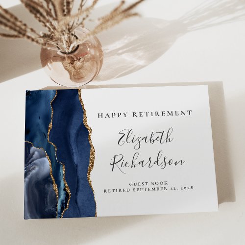 Modern Navy Blue Agate Gold Script Retirement