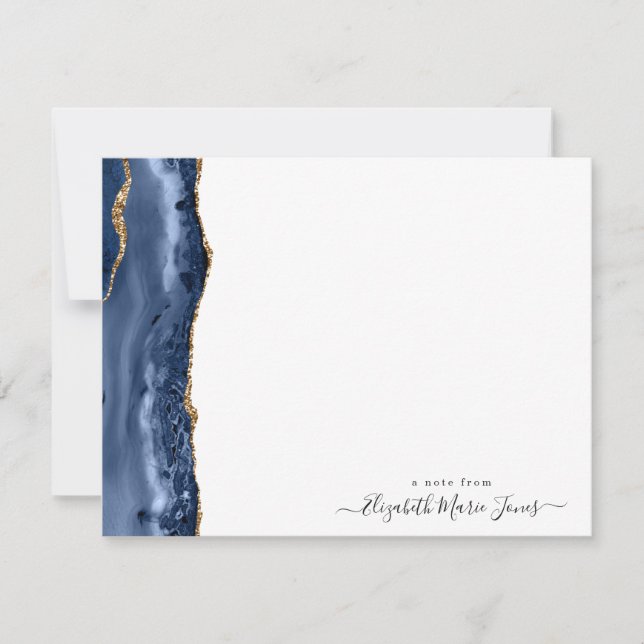 Modern Navy Blue Agate Marble Gemstone Script Name Note Card (Front)