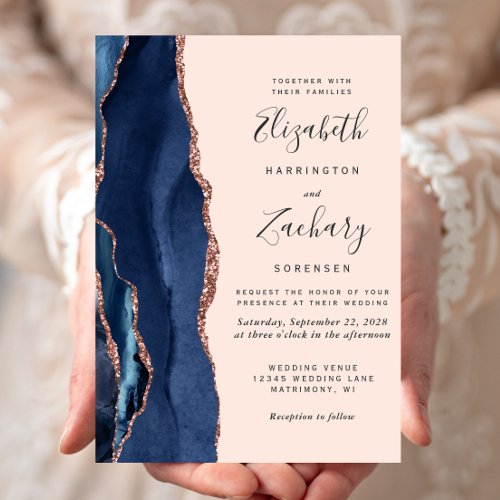 Modern Navy Blue Agate Rose Gold Blush Wedding Invitation